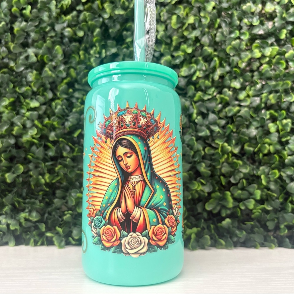 Turquoise Virgin Mary Graphic Plastic Libbey